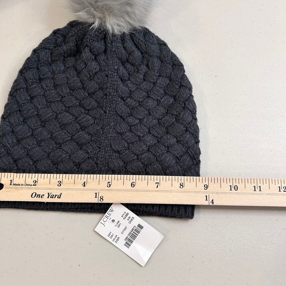 J. Crew Wool Cashmere Peacoat Gray PLUS Beanie Faux Fur Pom Basket Weave Cap - Picture 15 of 16
